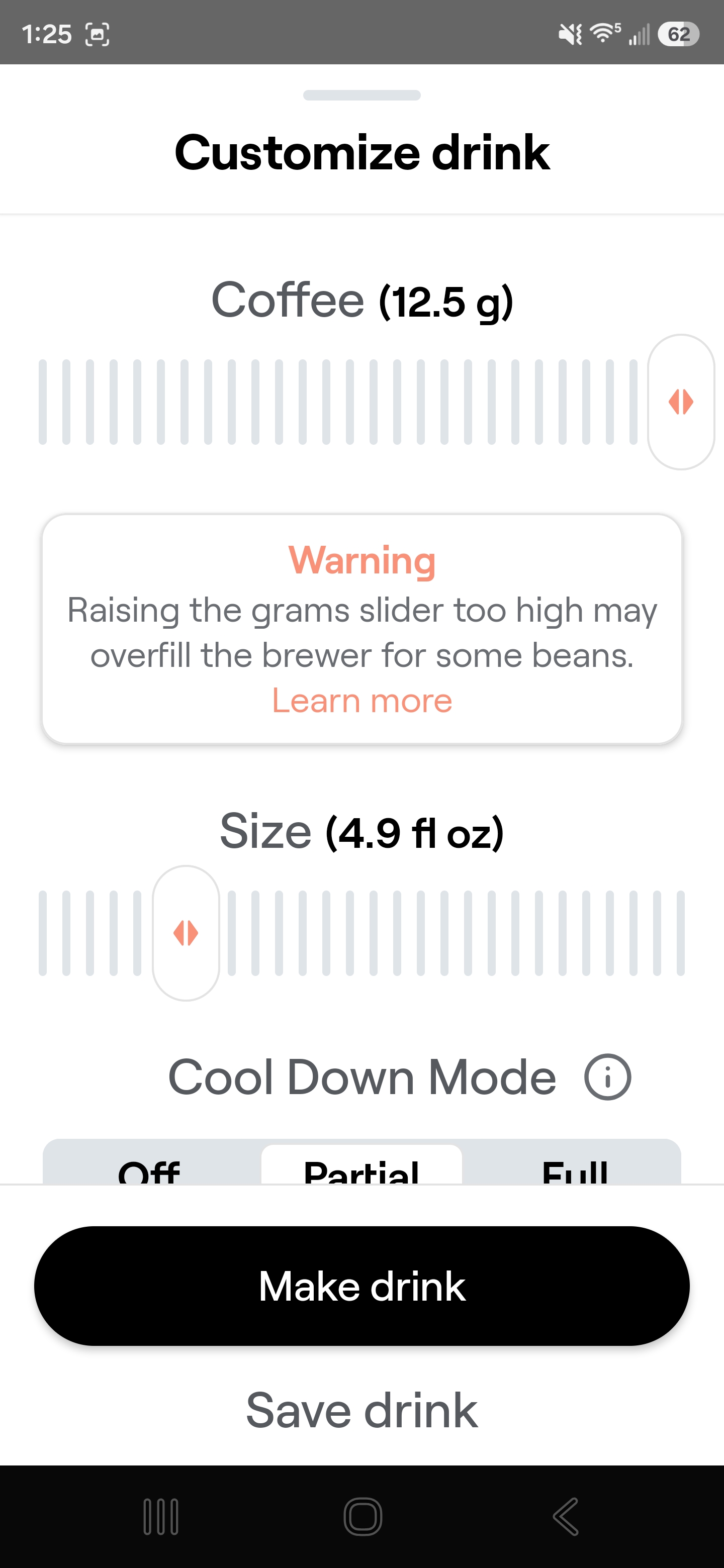 Spinn app customize drink screen