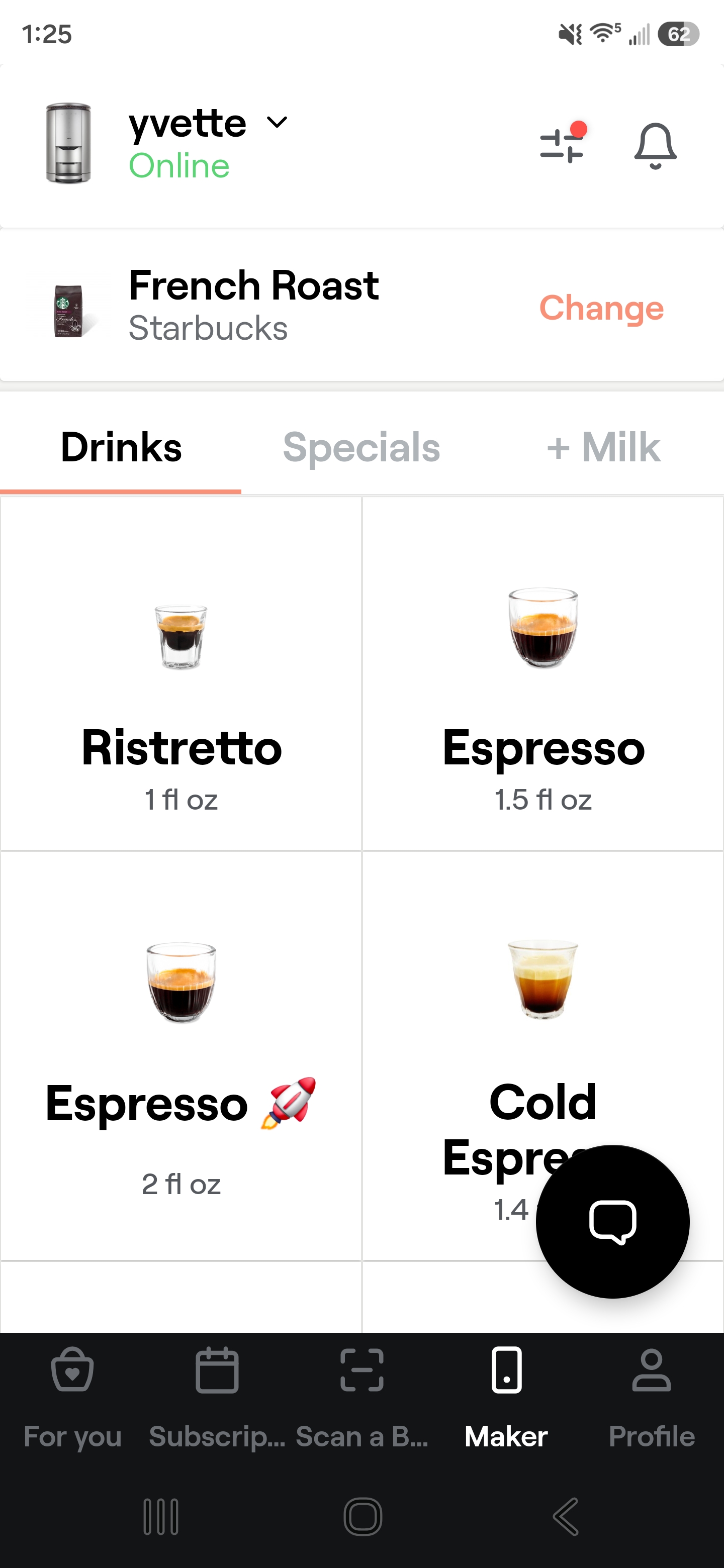 Spinn app drink menu