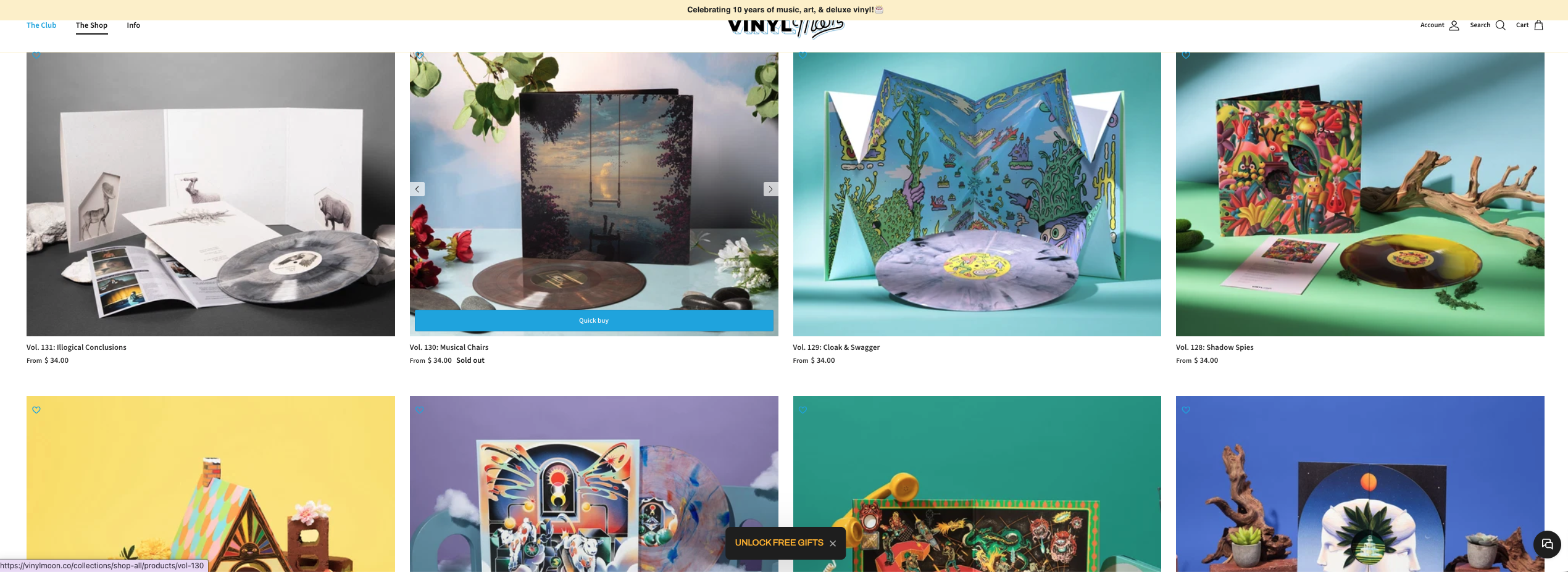 Vinyl Moon shop page with recent subscription volumes