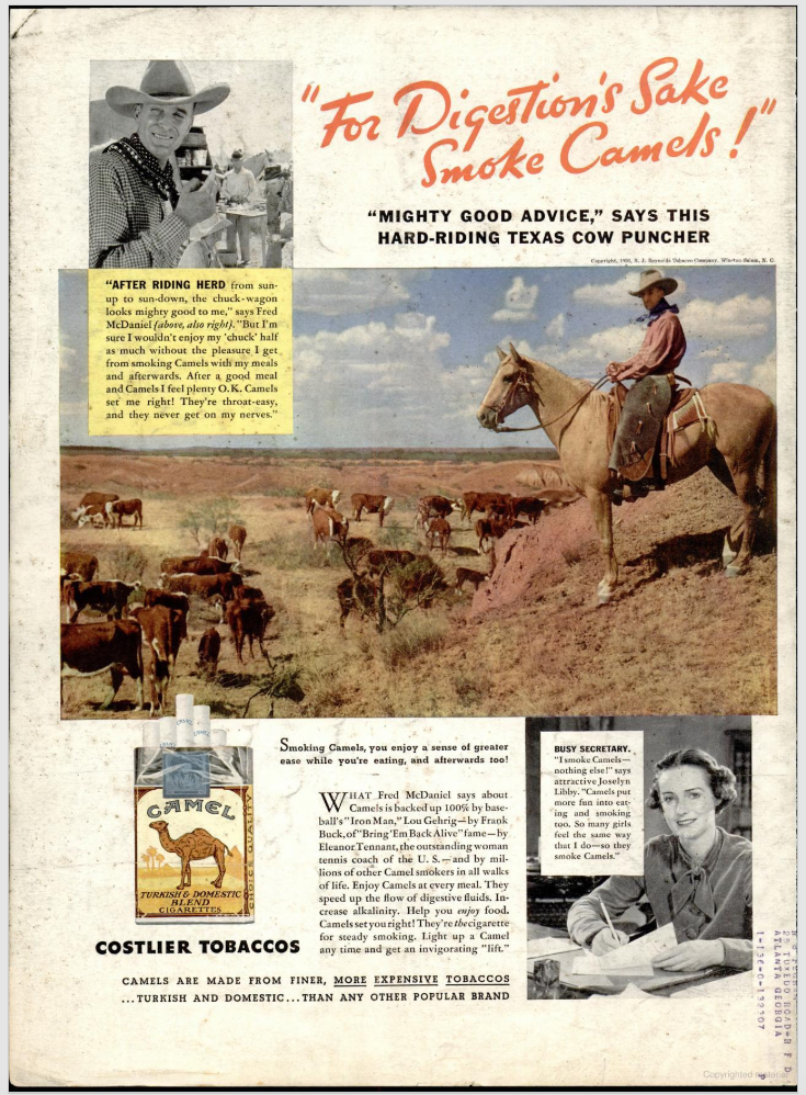 Vintage 1937 Life magazine Camel cigarette ad with cowboy Fred McDaniel and “For Digestion’s Sake—Smoke Camels!” headline
