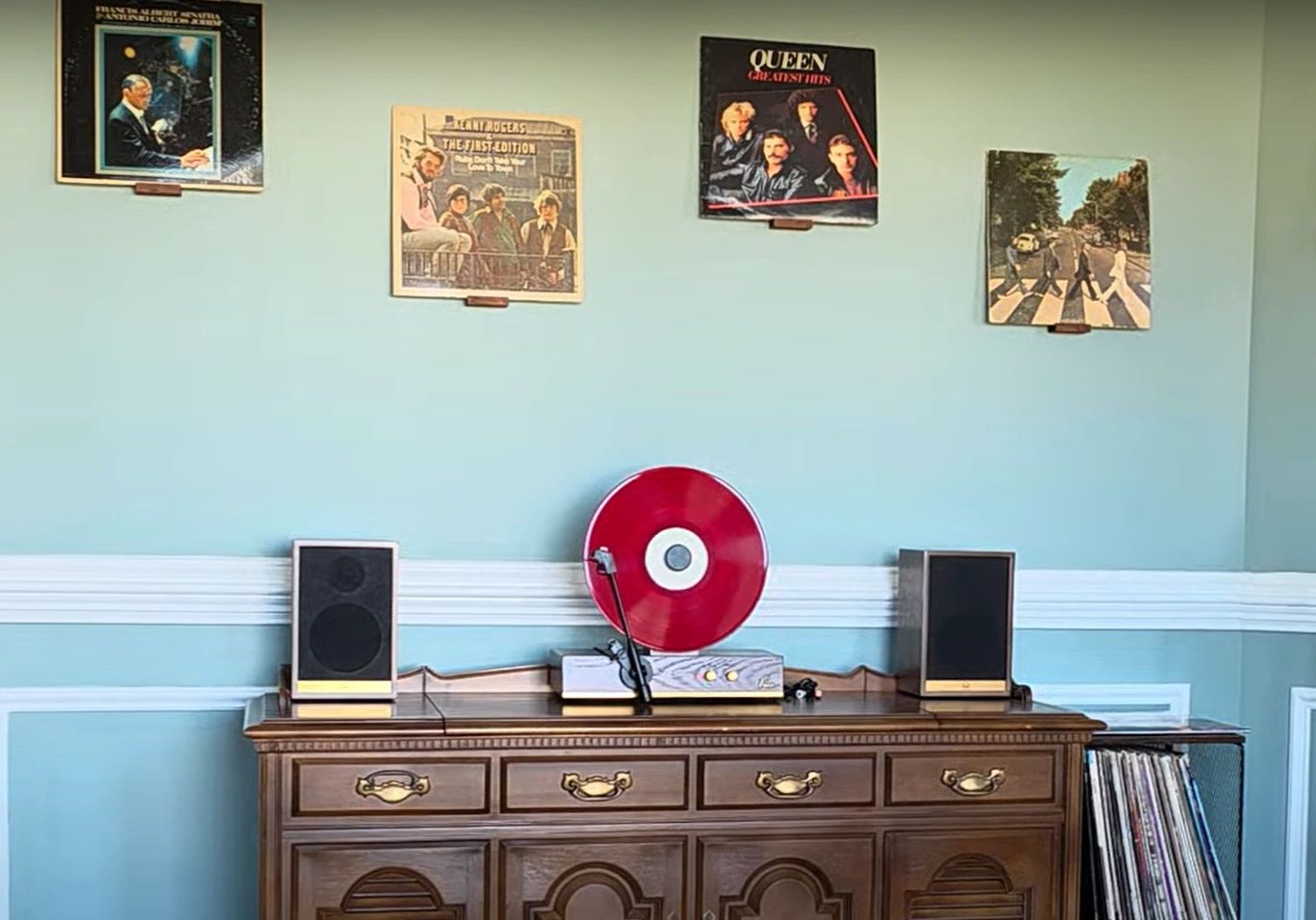 Fuse Audio GLD vertical record player standing in a music room